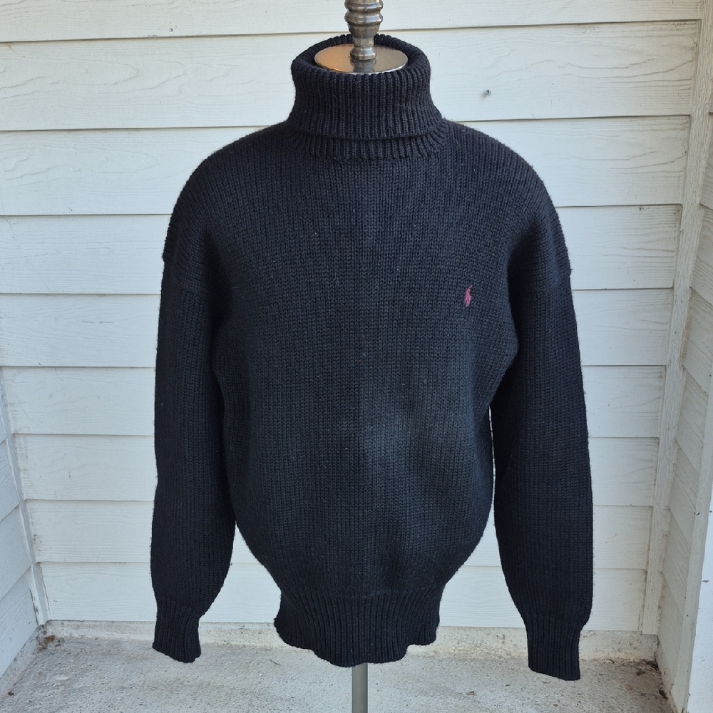 POLO RALPH LAUREN Knit Black Red Pony Weave Thick Wool XL Turtleneck Sweater VTG - Picture 2 of 6
